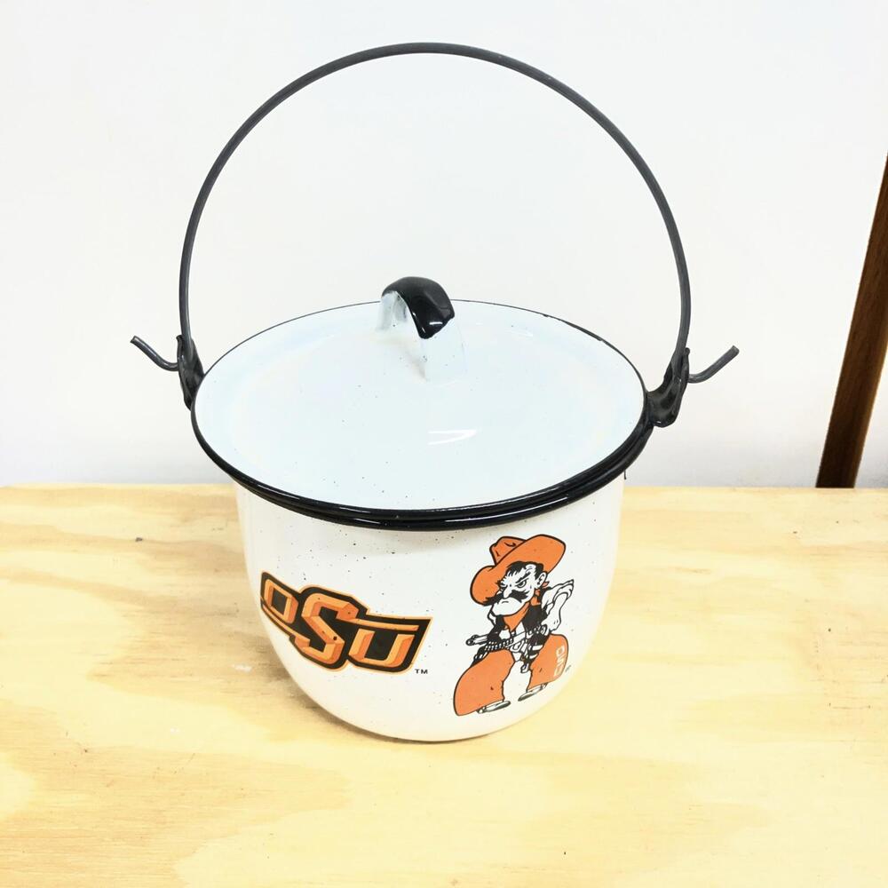 OSU Oklahoma State University Enamelware, Metal Pot With Lid